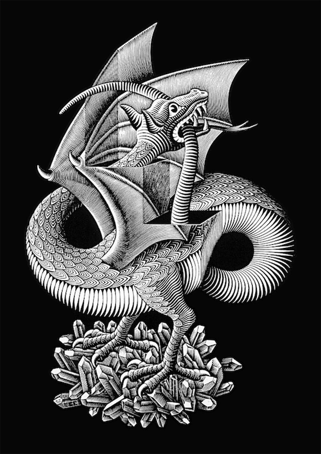 A wood engraving print of a silver dragon on black background, created by M.C. Escher in 11952. The dragon's head and tail poke through precise, geometrically folded openings in its wings so that it may grip its tail in its mouth, ouroboros-style. A wood engraving print of a silver dragon on black background, created by M.C. Escher in 11952. The dragon’s head and tail poke through precise, geometrically folded openings in its wings so that it may grip its tail in its mouth, ouroboros-style.